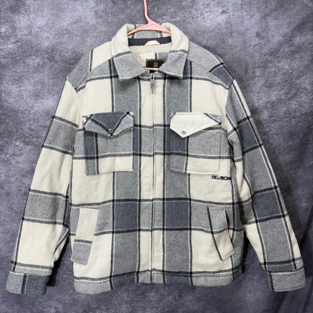 Y2K Billabong Sherpa Fleece Lined Plaid Flannel Jacket Mens M Cream Gray Wool